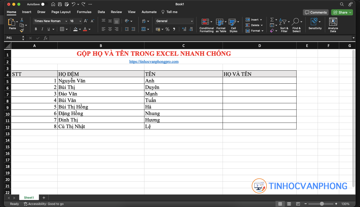 Hướng dẫn gộp họ và tên trong Excel một cách nhanh chóng và hiệu quả - ảnh 1