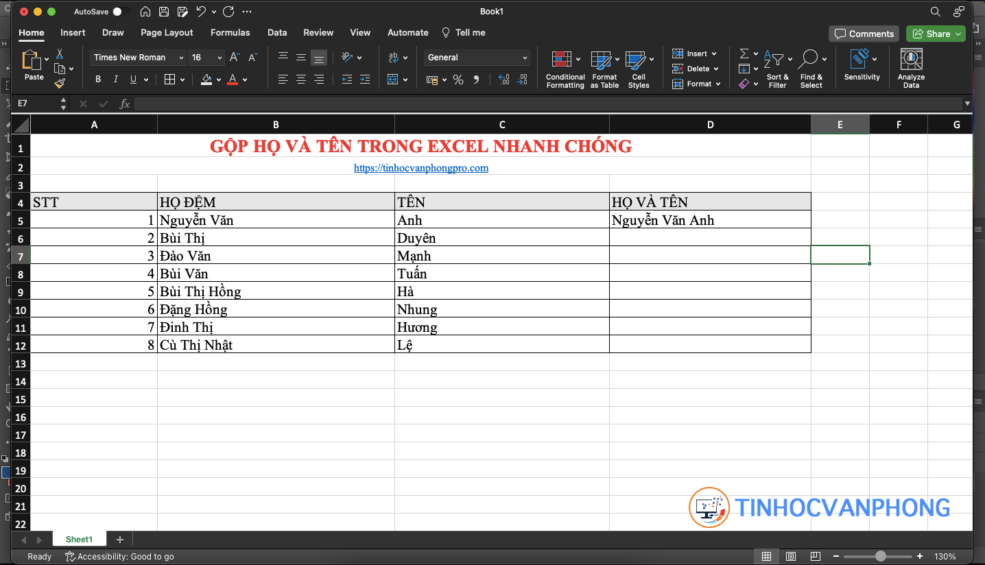 Hướng dẫn gộp họ và tên trong Excel một cách nhanh chóng và hiệu quả - ảnh 3