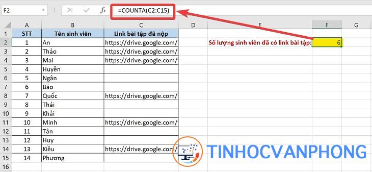 Hàm đếm ô không trống COUNTA trong excel