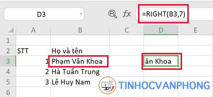 Hàm RIGHT trong Excel 