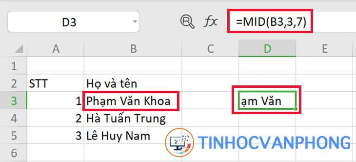 Hàm MID trong Excel 