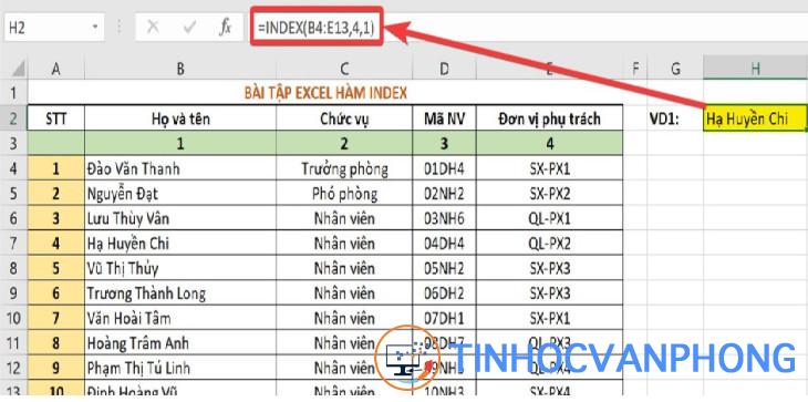 Hàm INDEX trong Excel 