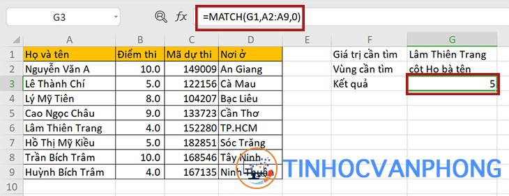 Hàm MATCH trong Excel 