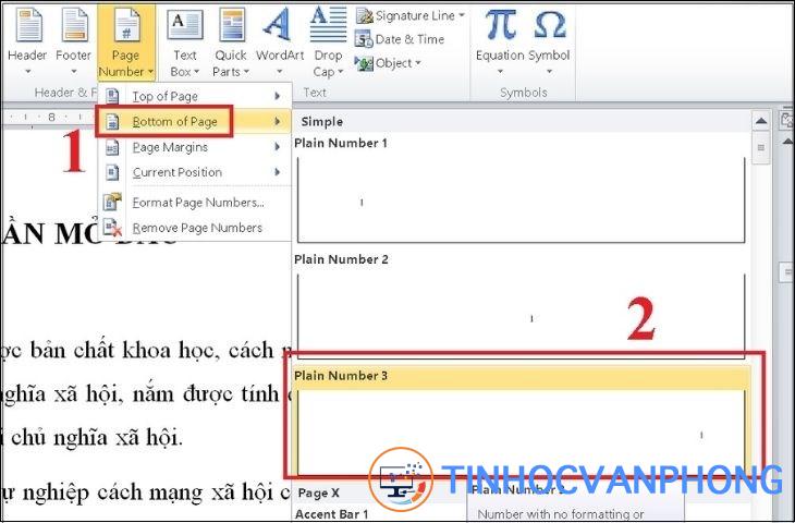 Tùy chỉnh vị trí đánh số trang