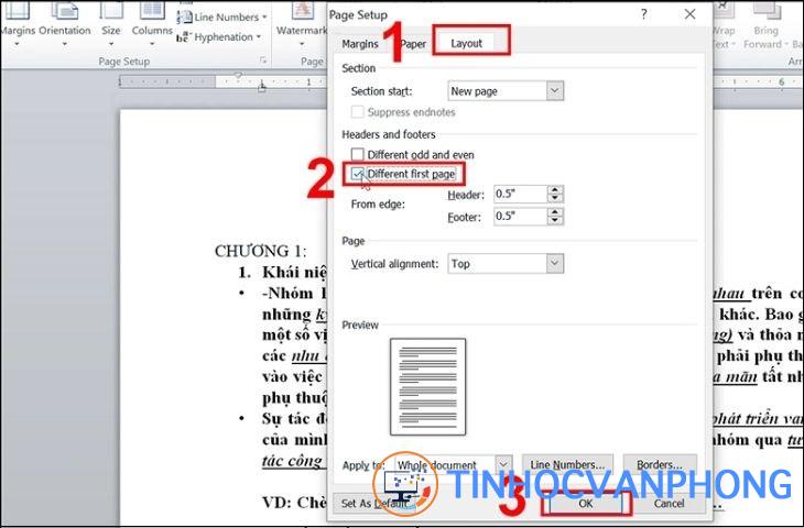 Chọn Different first page để bỏ đánh dấu trang đầu