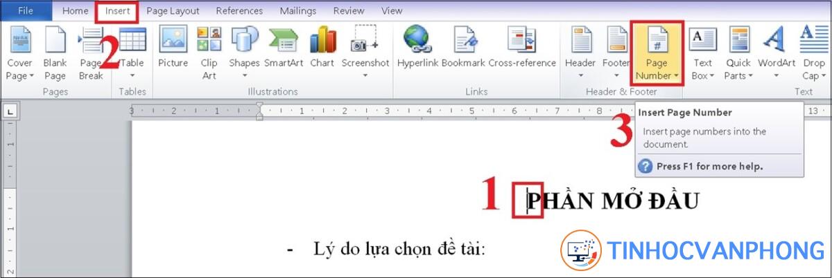 Bạn chọn mục Insert > Page Number