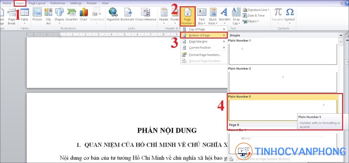 Tiếp tục chọn Insert > Page Number > chọn vị trí cần đánh dấu trang