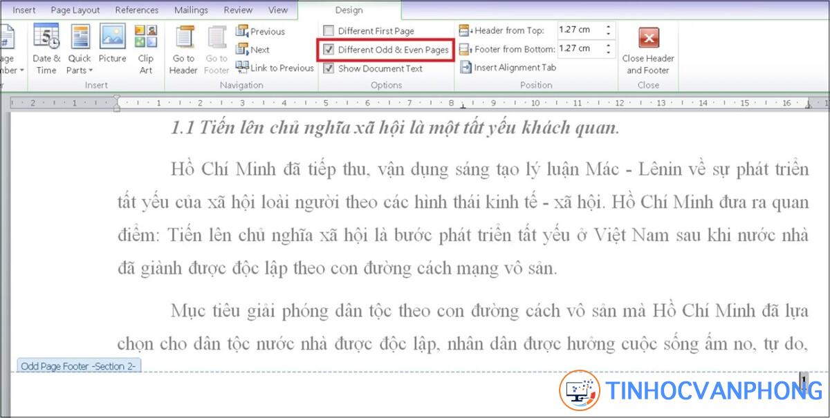 Để đánh số trang tùy biến chẵn và lẻ, bạn chỉ cần nhấp vào mục Different Odd & Even Pages