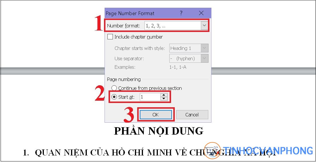 Màn hình sẽ xuất hiện với hộp Format page numbers