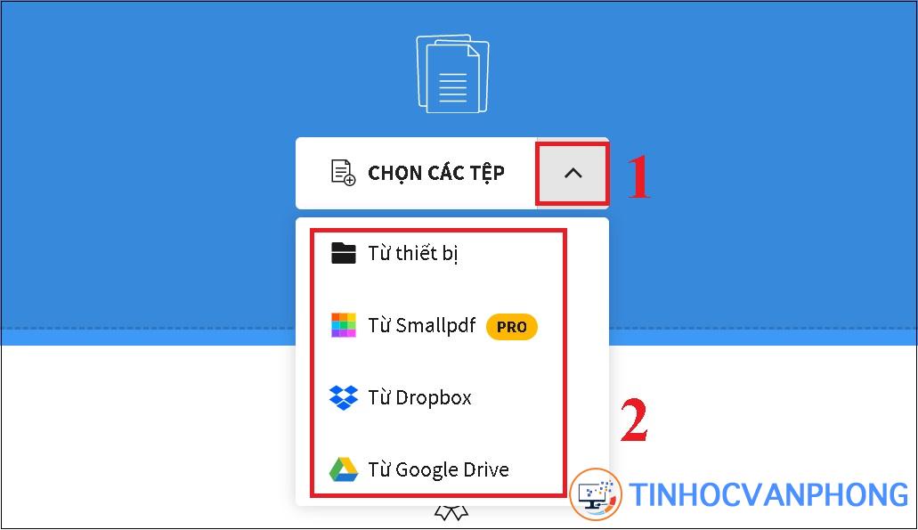 Nhấn vào biểu tượng mũi tên để chọn nguồn tải file Word lên.