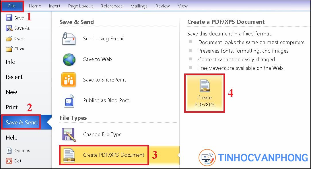 nhấn vào mục Save & Send > Chọn Create PDF/XPS Document > Chọn Create PDF/XPS.