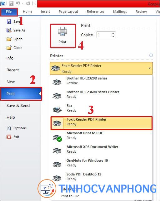 Chọn Print ở tab File > Chọn Foxit Reader PDF Print > Chọn Print.