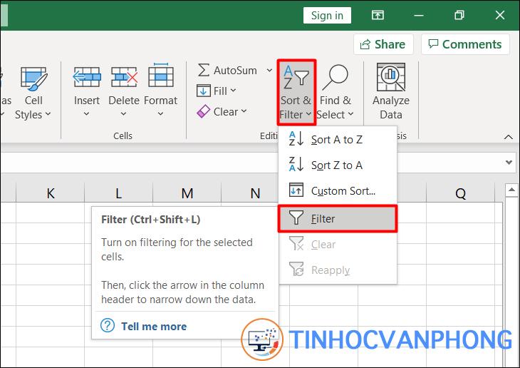 Tại tab Home, chọn Sort & Filter > Filter