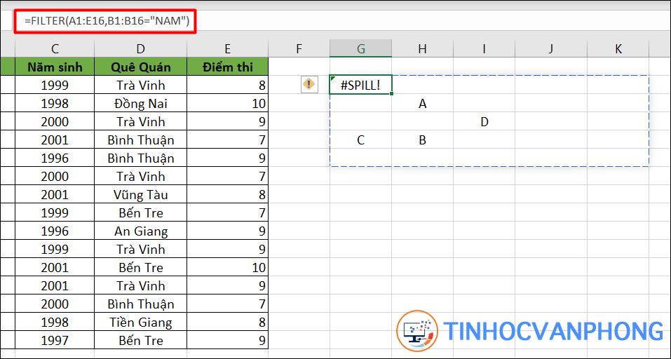 Lỗi #SPILL! khi sử dụng hàm FILTER