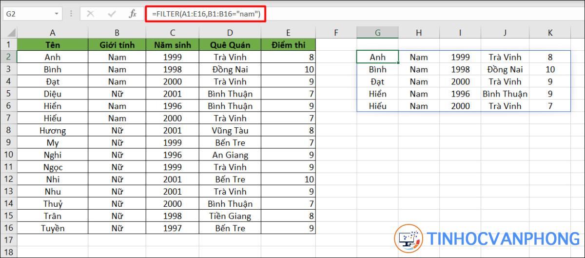 Ví dụ lọc ra số sinh viên nam có trong lớp