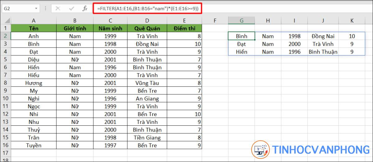 Ví dụ minh hoạ lọc ra số sinh viên nam có điểm thi lớn hơn 9