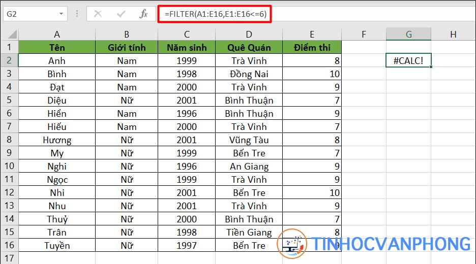 Lỗi #CALC! khi sử dụng hàm FILTER