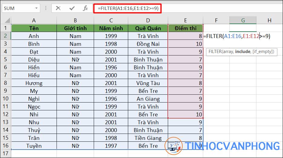 Trường hợp gây lỗi #VALUE! khi sử dụng hàm FILTER