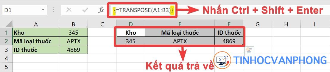 Áp dụng công thức mảng và xem kết quả trả về