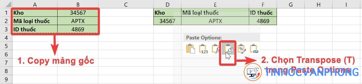 Copy mảng rồi chọn Transpose (T) trong Paste Options