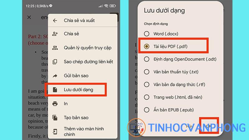 Nhấn vào mục Lưu dưới dạng, chọn Tài liệu PDF và nhấn OK