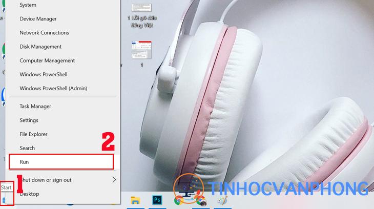 Bấm chuột phải vào biểu tượng Start => chọn Run