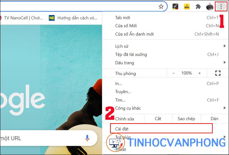 Trên thanh công cụ Google Chrome => chọn vào biểu tượng dấu 3 chấm ở góc trên bên phải => ấn chọn Cài đặt 