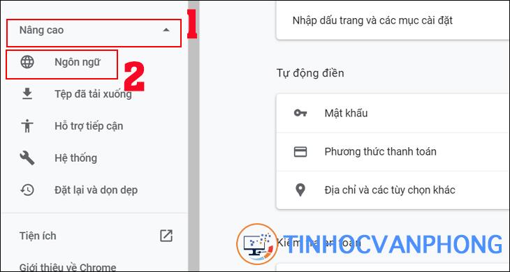 Nhấn vào mục Nâng cao => Chọn Ngôn ngữ 